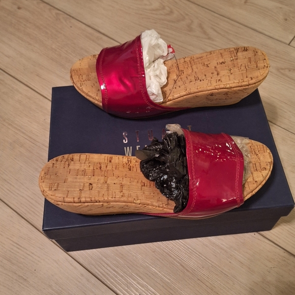 Stuart Weitzman cognac/red patent leather cork wedge heel sandals Size 8 - Picture 2 of 6